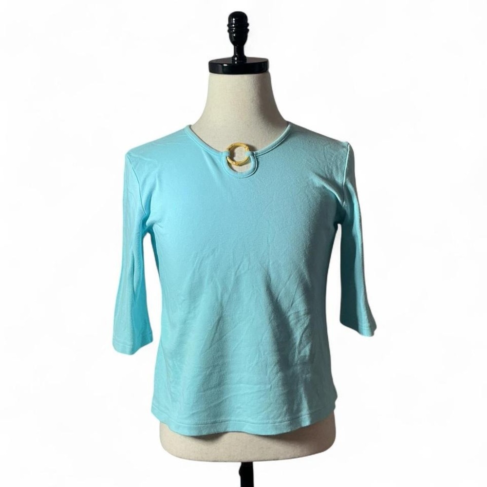 Serengeti Catalog Blue 3/4 Sleeve Top with Gold Ring Detail Women's Size M